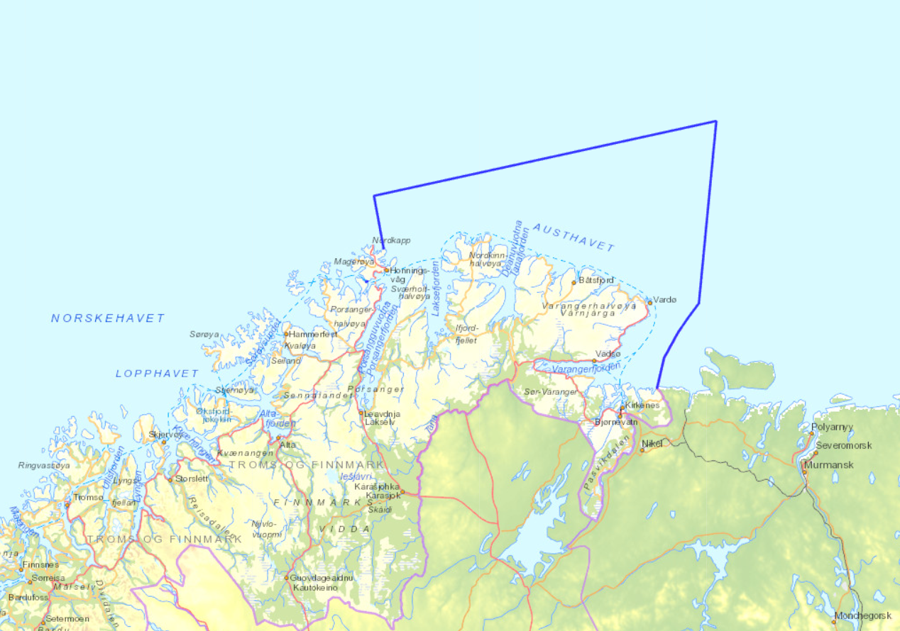 Det kvoteregulerte området er innenfor den blå linjen. Kilde: Fiskeridirektoratet
